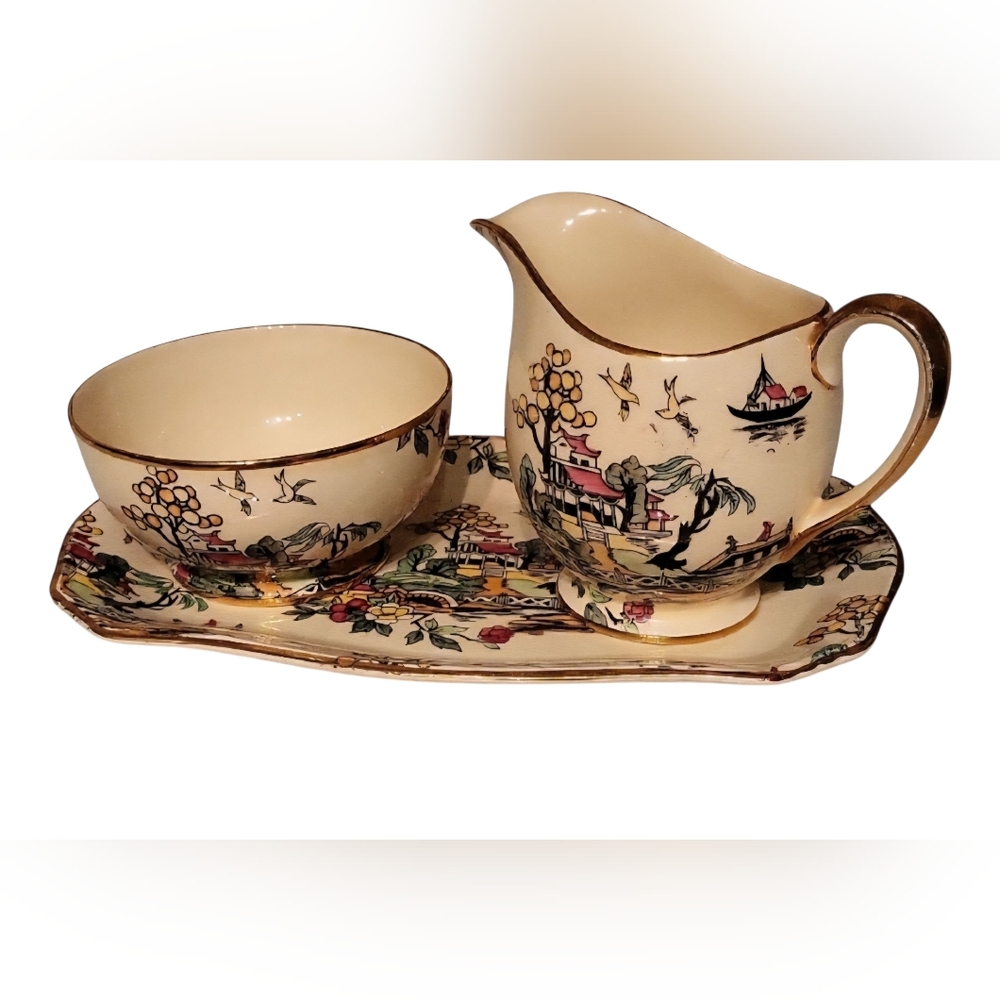 Vintage Royal Winton 1951 Chintz 'Pekin' Open Sugar Bowl & Creamer with Tray